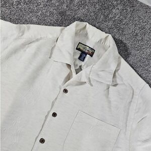 Havana Jacks Cafe Button Up Shirt Mens Large Cream Tropical Palm Jacquard‎ Rayon